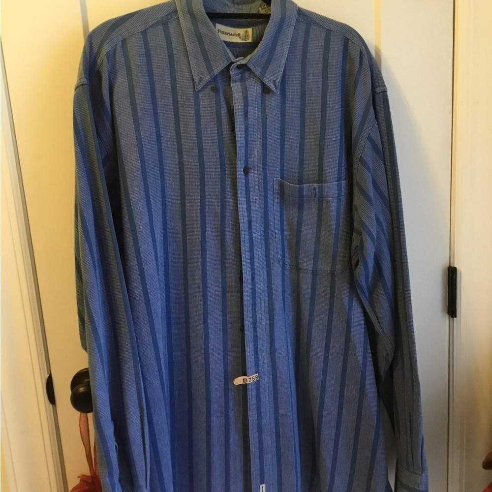 Vintage Fieldmaster Cotton Blue Striped Button-Down Shirt Size Large Tall
